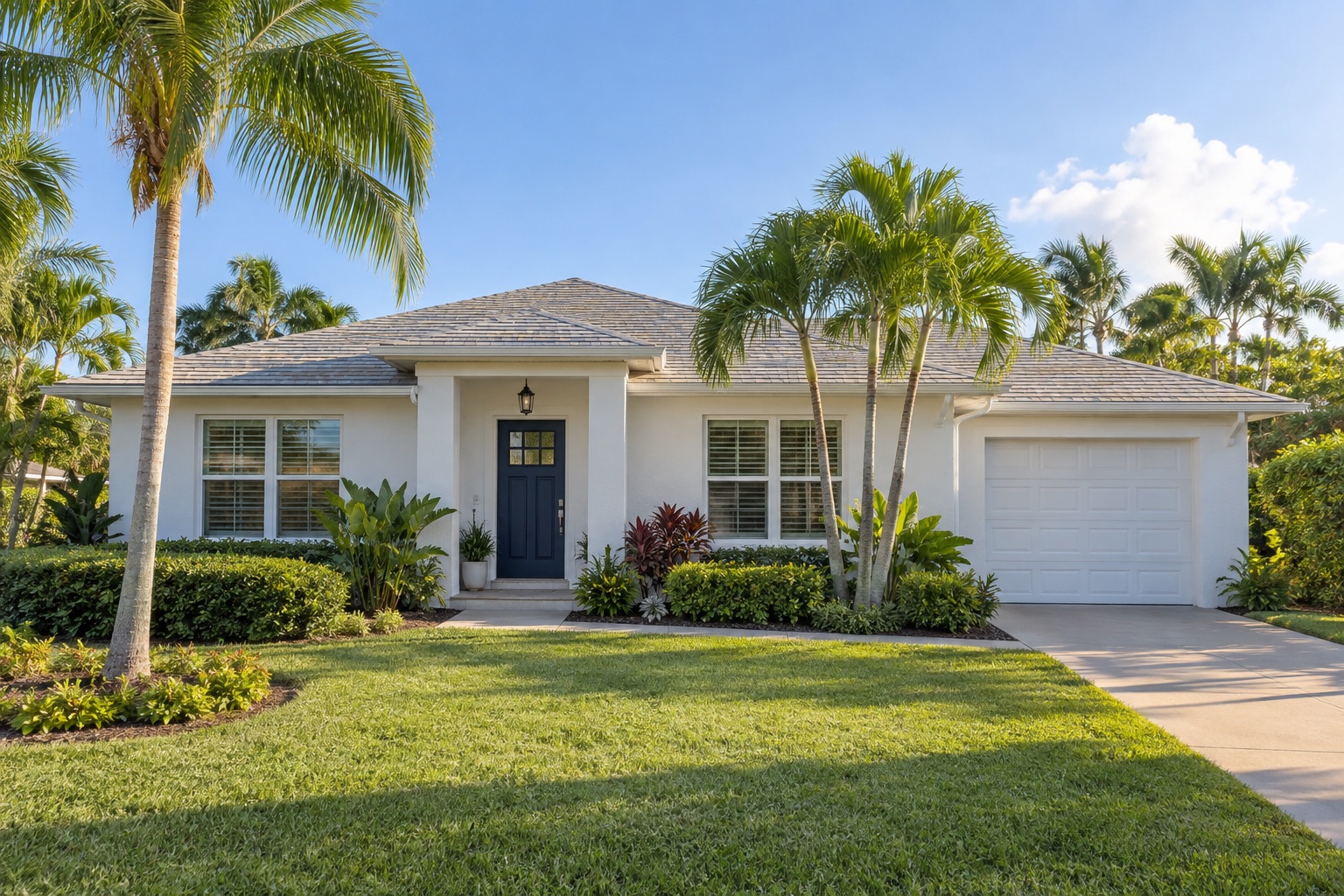 Illustrative home with a landscaped yard and blue front door